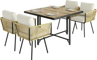 OUTSUNNY Conjunto De Mesa Y Sillas Jard&iacute;n De Rat&aacute;n De 5 Piezas, Con Mesa De Pl&aacute;stico-madera, 4 Sillas Con Cojines Extra&iacute;bles, Marco Metal Resistente