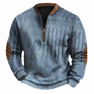 Generic Casual Winter Sweatshirts Mens Tops Trendy Blouse Mens Vintage Western Knit Print Zip Up Sweatshirt 2025 Gifts for Men Sweater (Blue, XXL)
