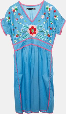 Love Moschino Blue Floral Embroidered Cotton V-Neck Dress