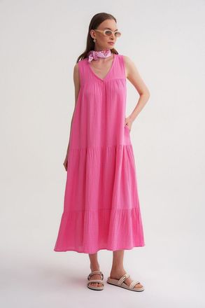 Mixray Mouwloze V-hals Muslin Midi-jurk met zakken