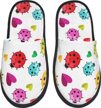 Generic Cotton Slippers Ladybugs Colorful Heart Print Soft Fuzzy Slippers Warm House Shoes For Room Hotel Ladies L