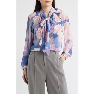 Tahari by ASL Floral Print Tie Neck Top in Blue Petal Floral at Nordstrom, Size X-Small P