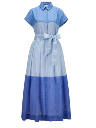 Sara Roka Color-Block Cotton Silk Shirt Dress With Waist Sash