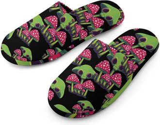 Generic Green Aliens Mushroom Flannel Mens Slip-on Slippers Winter Warm House Shoes with Rubber Sole for Home Hotel