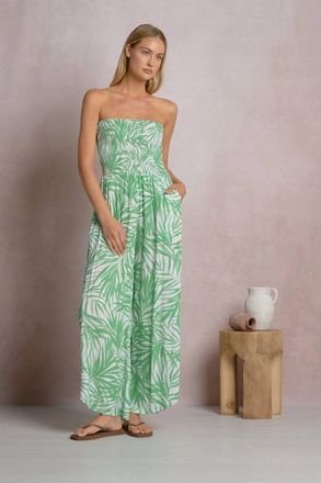 Elan Smocked Tropical Strapless Jumpsuit In Green Bali