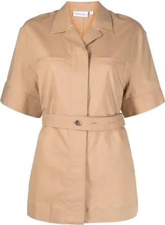Calvin Klein notched-collar belted-waist shirt - women - Elastane/Lyocell - 2 - Brown