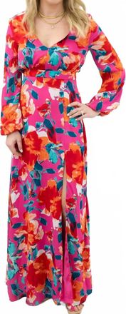 Ark & Co. Floral V-Neck Maxi Long Sleeve Dress In Hot Pink