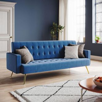 Elegant Lighting Modern Sofa Bed 3-level Adjustable Backrest Ultra Soft Material Velvet Cloth High-bounce Sponge Multi-person Sofa Blue, 192x79x75cm - Elegant