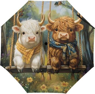 Generic Highland Cow Travel Umbrella Windproof Folding Umbrella for Rain Auto Open Close Automatic