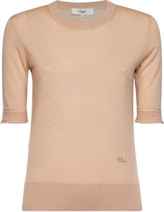 Chlo&eacute; Trui met ronde hals en korte mouwen - Dames - Ronde hals truien - Roze - M - Wol - Truien & Vesten