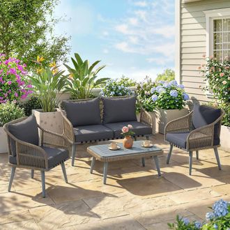 OUTSUNNY 4 Piece Rattan Garden Furniture Set w/ Thick Cushions in Grey