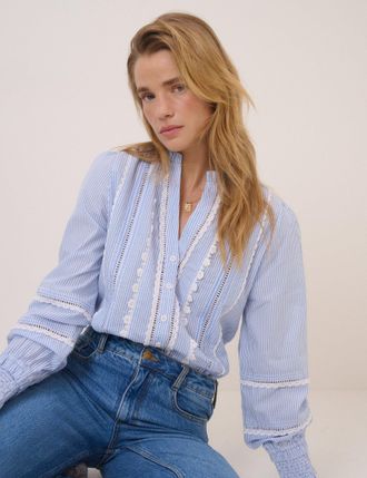 Nobody's Child Blue Pinstripe Lace Trim Blouse