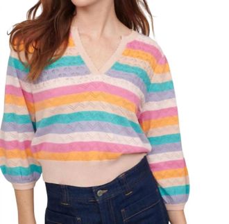 Isla Peace Stripe V Neck Sweater In Mango Multi