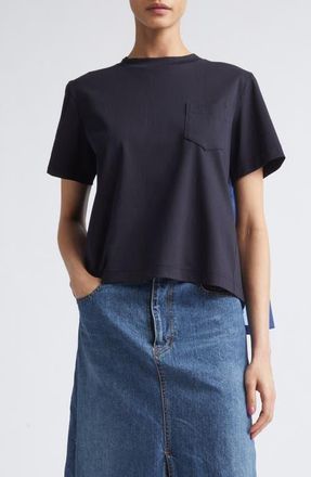 sacai Mixed Media Pleated Poplin & Jersey Pocket T-Shirt in Navy/Blue Stripe at Nordstrom, Size 1