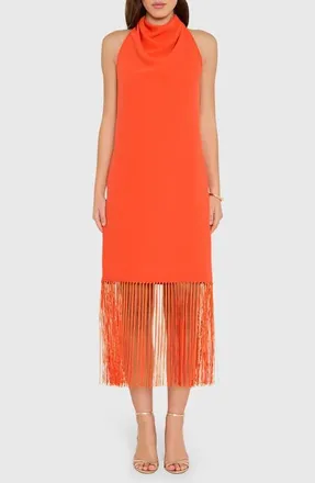 Amanda Uprichard Syd Cowl Neck Fringe Midi Dress in Mandarin at Nordstrom, Size X-Small