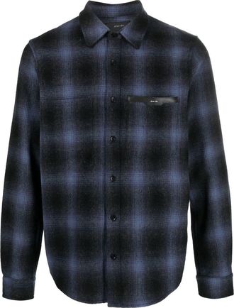 Amiri logo-patch check-print shirt - men - Wool/Nylon/Calf Leather - XXXL - Blue