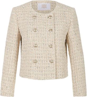 Riani Jassen, Dames, Beige, M, Tweed, Elegante Tweed Jas met Gouden Glans