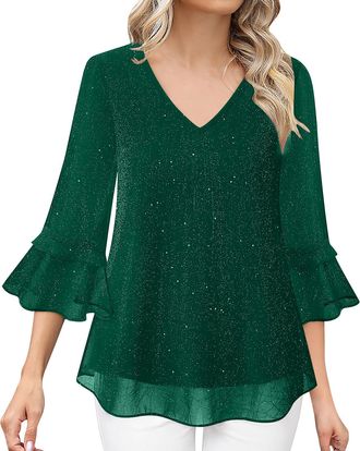 Generic Sparkly Tops for Women UK 3/4 Sleeve Flared Dressy Casual Blouses Ladies Double Layers Mesh Shirts Ruffle Flowy Tunic Top Slim V Neck Tshirts Glitter 