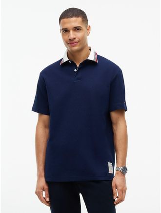 Tommy Hilfiger Mens Regular Fit Stripe-Collar Waffled Polo - Carbon Navy - XXL
