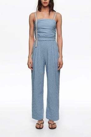 Bimba & Lola Striped Jumpsuit With Gathered Straps in Light Blue at Nordstrom, Size Medium Eu