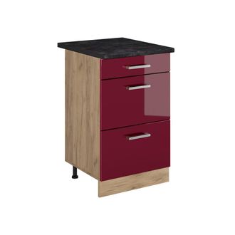 Vicco Mueble Bajo De Cocina R-line, Rojo De Alto Brillo/roble Dorado, 50 Cm Encimera Antracita, Vicco