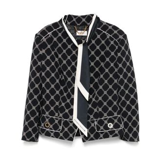 Elisabetta Franchi Light Jackets, female, Black, Size: M Jacket in printed stretch crêpe fabric with removable foulard scarf