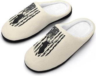 Generic U.S. Flag with Deer Fashion Cotton Slippers for Women Memory Foam House Slippers Non-Slip House Bedroom Shoes