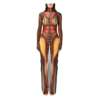 Jean Paul Gaultier Kleedjes, Dames, Veelkleurig, M, Mesh Lange Jurk Vasarely Print