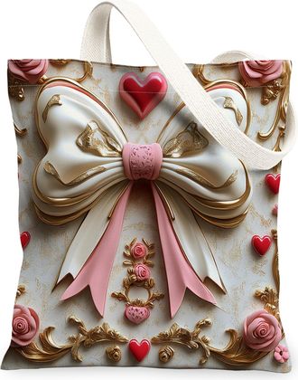 Generic Elegant Vintage Hearts Canvas Tote Bags, Romantic Bow Pattern Reusable Shopping Bags, Lightweight Washable Shoulder Strap Tote for Travel, Outdoor, Pa