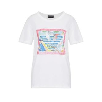 Emporio Armani Tops, Dames, Wit, S, Katoen, T-shirt met korte mouwen en waterverf logo