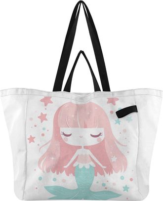 Generic Mermaid Stars Pink print Reusable Canvas Tote Bag, Heavy Duty Grocery Shopping Bag with Large Capacity Hard Bottom Double Handles Work Groceries Trave