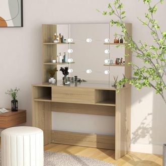 vidaXL Vidaxl - Tocador De Maquillaje Con Luces Led Mdf Roble 100x40x135 Cm