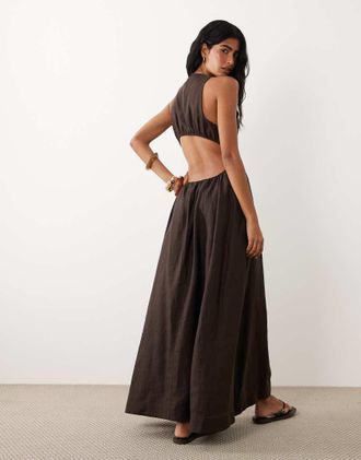 Asos Vestito lungo 100% lino premium con vita alta e schiena scoperta color cioccolato amaro-Marrone