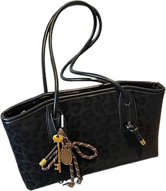 Generic Womens Suede Shoulder Bag, Leopard Print Tote Bag with Exquisite Pendant, Smooth Zipper Closure, Applies to Daily Uses like School (black,32 * 9 * 16c