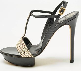 Gina Black Patent Leather Crystal Embellished T-Strap Sandals