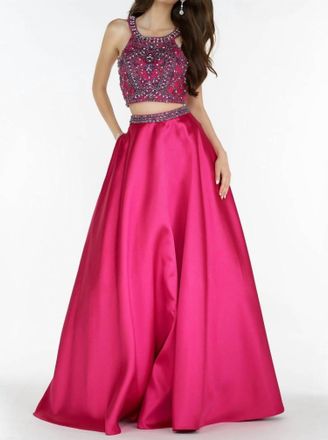 Alyce Paris Two Piece Embellished Halter Mikado Gown In Fuchsia/navy