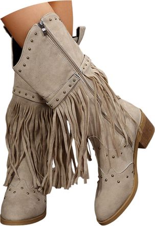 Generic 2026 Fashion Rhinestone Boots Women Knee High Western Fringe Low Chunky Stacked Heel Pointed Toe Mid Calf Cowboy Zipper Glitter Tassel Dress Boot Fall