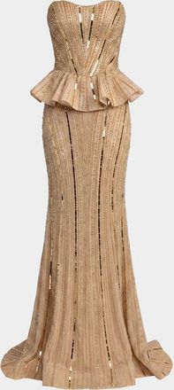 Mac Duggal Beaded Strapless Peplum Gown