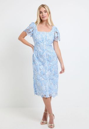 Wallis Womens Petite Contrast Lace Button Midi Dress - Blue - Size 10 UK