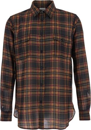 Saint Laurent Brown Shirt With Pointed Collar And All-over Tartan Motif In Wool Man