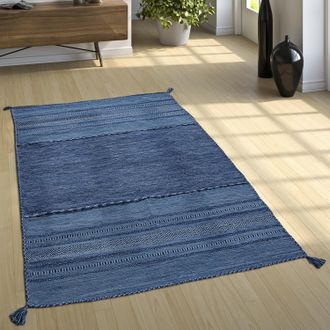 Paco Home Paco Home Alfombra Dise&ntilde;o Kilim Tejida A Mano 100 % Algod&oacute;n Moderna Estampada Azul 160x220 Cm