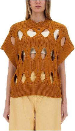 Alysi Gebreide Sweater Vest met Cut-Outs - Dames - Ronde hals truien - Oranje - S - Truien & Vesten