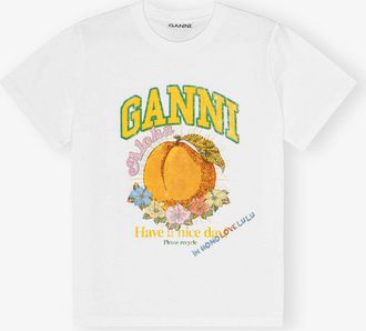 Ganni White Honolulu Peach T-shirt - Size XS Organic Cotton