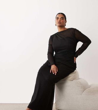 Tfnc Plus vestito lungo maxi in jersey con sovrapposizione in rete nero