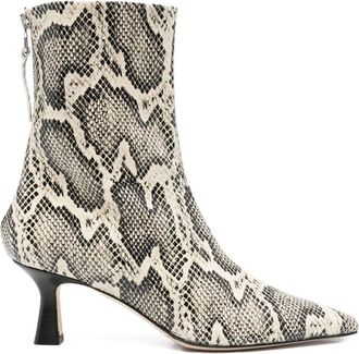 Aeyde 70 mm Elina enkellaarzen met puntige neus en slangenprint - Beige