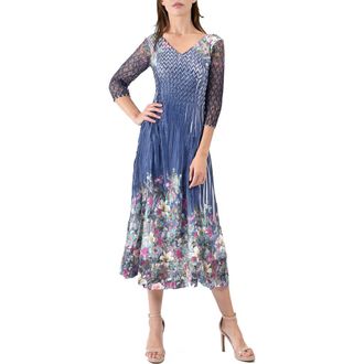 Komarov Midi Length Lace Sleeve Dress in Indigo Meadow at Nordstrom, Size X-Small