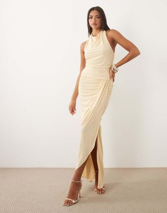 Tfnc Vestito lungo aderente color crema con scollo ad anello arricciato e schiena scoperta-Bianco