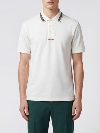 Versace Polo in cotone con motivo Greca e logo ricamato a contrasto