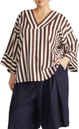 Universal Standard Elio Print Linen Blend Top in Peppercorn Stripe at Nordstrom, Size Xl