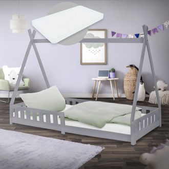 ML Design Ml-design - Cama Infantil Tipi Madera De Pino Gris Con Colch&oacute;n De Espuma Fr&iacute;a Hipoalerg&eacute;nico 90 X 200 Cm Estructura De Listones Con Protecci&oacute;n Antica&iacute;